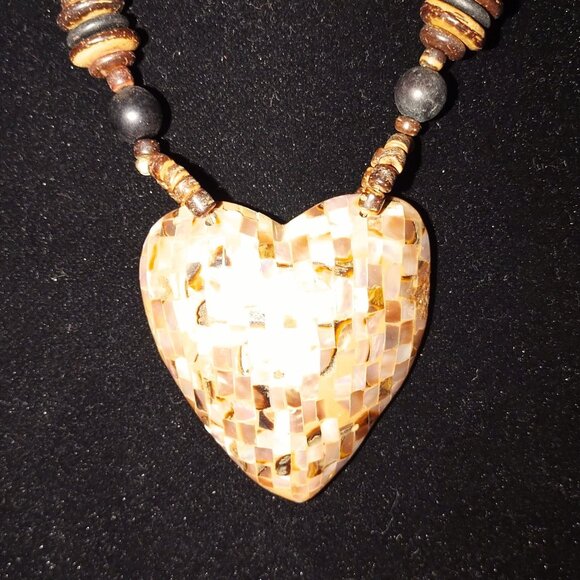 Handcrafted Heart Pendant Necklace With Beaded Brown Tones & Mosaic Shell Design - Picture 2 of 9